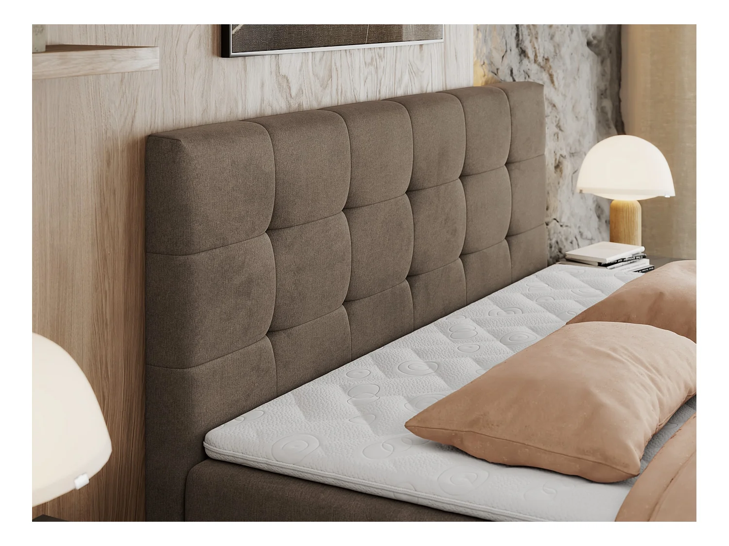Boxspringbett CENTOS mit gestepptem Kopfteil, Multipocket-Matratze, Doppelbett mit Stauraum - 160x200 cm - H4 - Braun Velvet