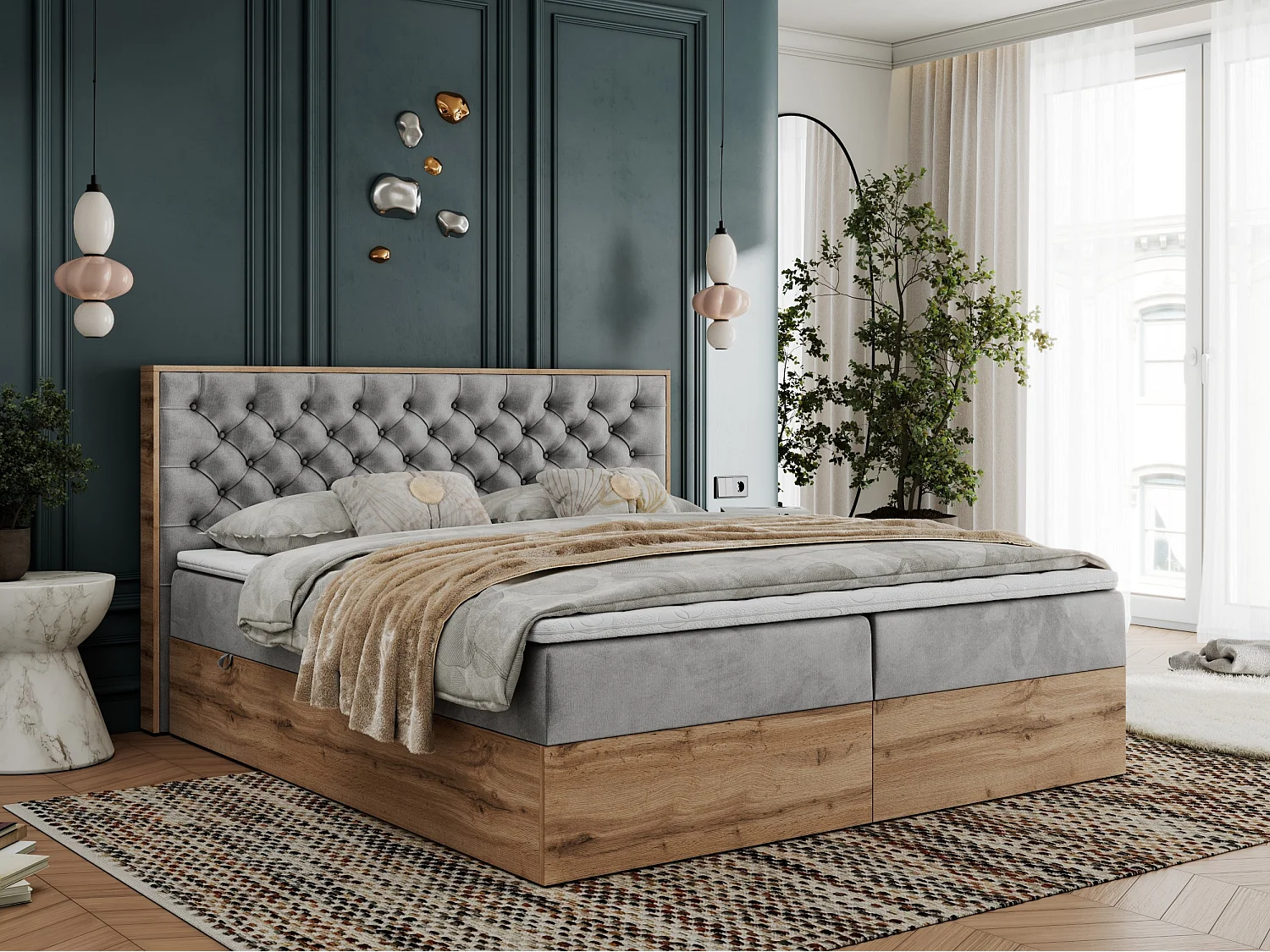 Boxspringbett ALBERO 3 - gesteppte Kopfstütze, Eiche Wotan Holzrahmen, Stauraum - 180x200 cm - H4 - Hellgrau Velvet