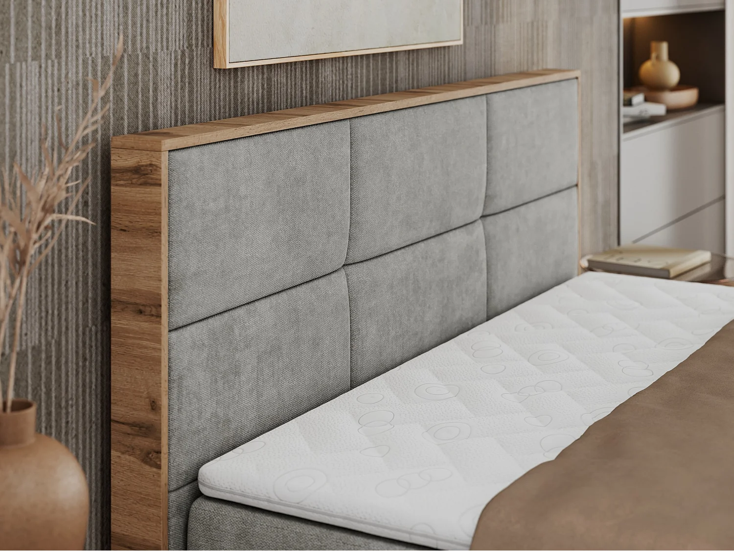 Boxspringbett ALBERO 2 mit Topper und Multipocket-Matratze, Stauraum, Holzrahmen - 180x200 cm - H4 - Hellgrau Strukture