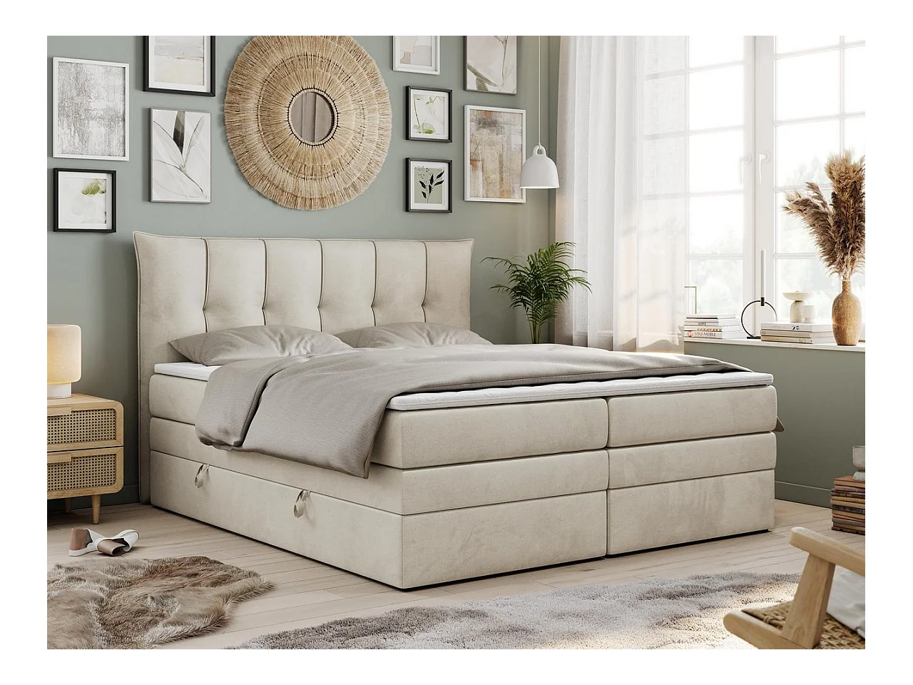 Boxspringbett PREMIUM 10 KING, Doppelbett mit Stauraum, gesteppte Kopfstütze, Multipocket-Matratze - 160x200 cm - H4 - Beige Velvet