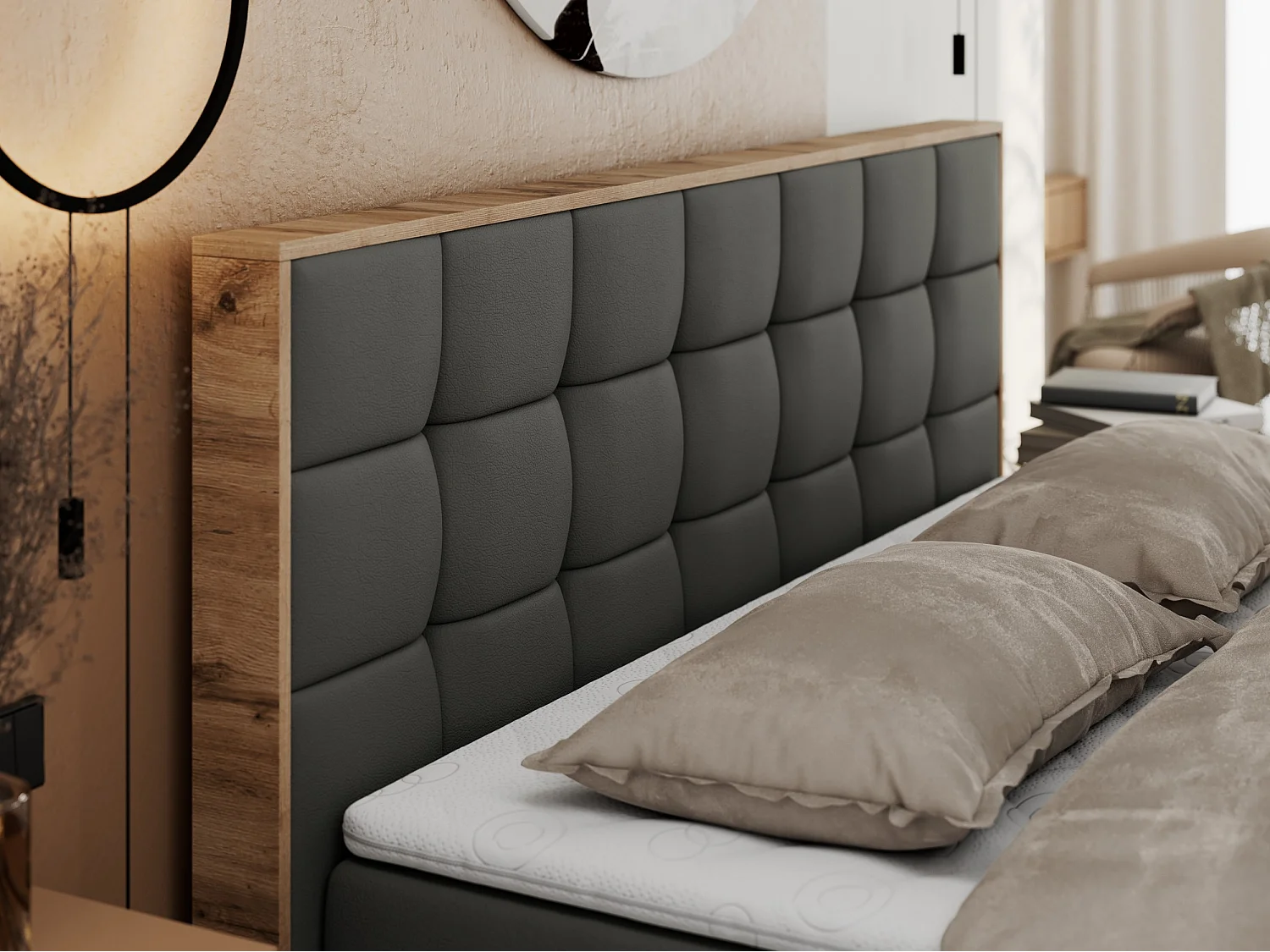 Boxspringbett ALBERO 1, Polsterbett mit gestepptem Kopfteil, Multipocket-Matratze - 200x200 cm - H4 - Dunkelgrau Kunstleder