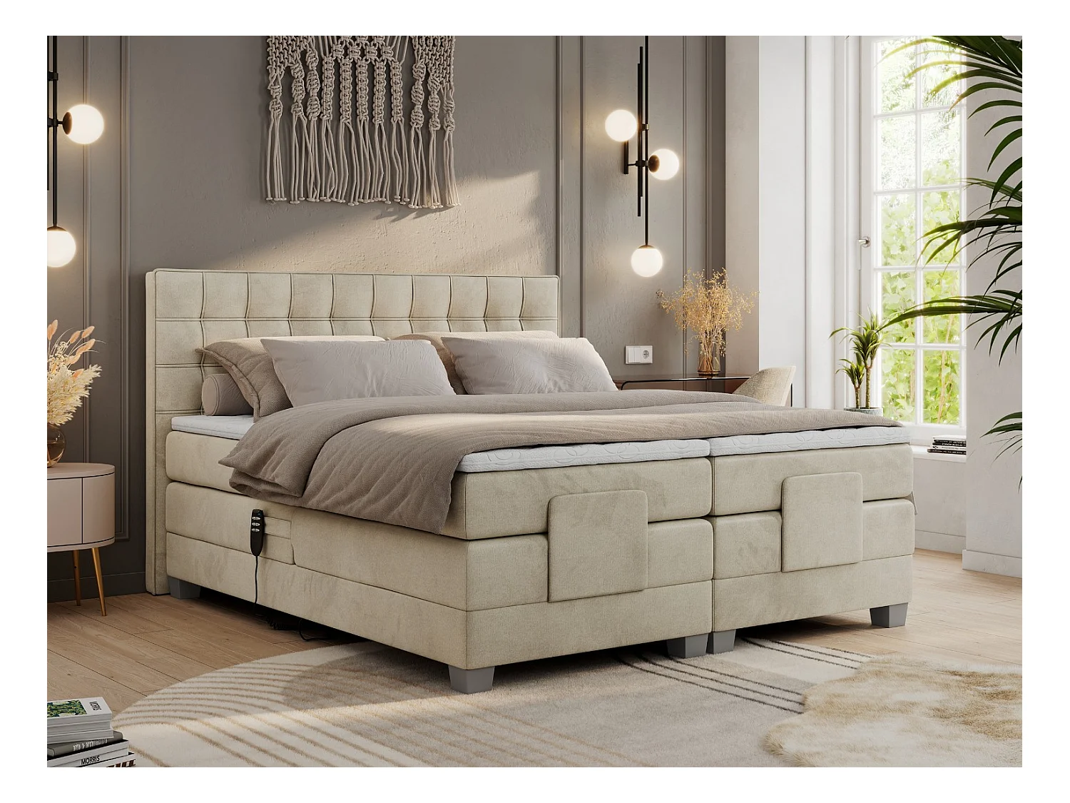 Boxspringbett ELEKTRO mit Multipocket-Matratze, Elektrisch verstellbare, genähtes Kopfteil - 160x200 cm - H4 - Beige Velvet