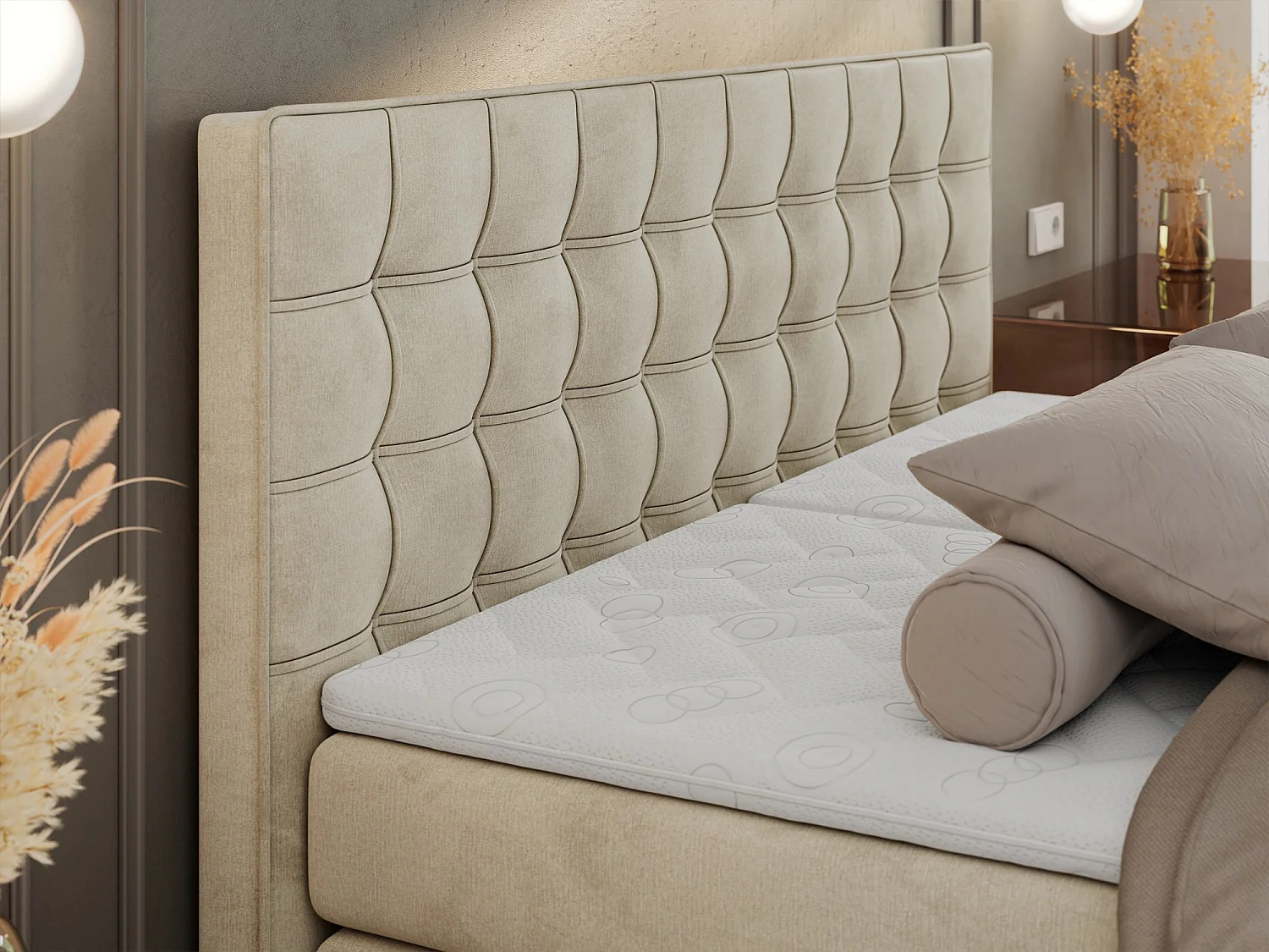 Boxspringbett ELEKTRO mit Multipocket-Matratze, Elektrisch verstellbare, genähtes Kopfteil - 160x200 cm - H4 - Beige Velvet