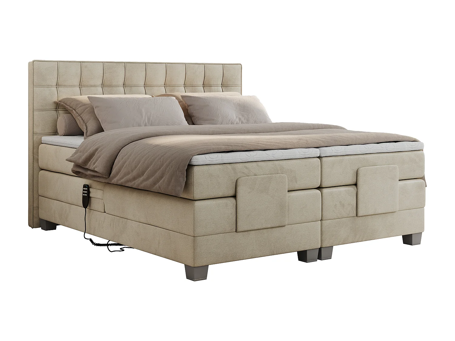 Boxspringbett ELEKTRO mit Multipocket-Matratze, Elektrisch verstellbare, genähtes Kopfteil - 160x200 cm - H4 - Beige Velvet