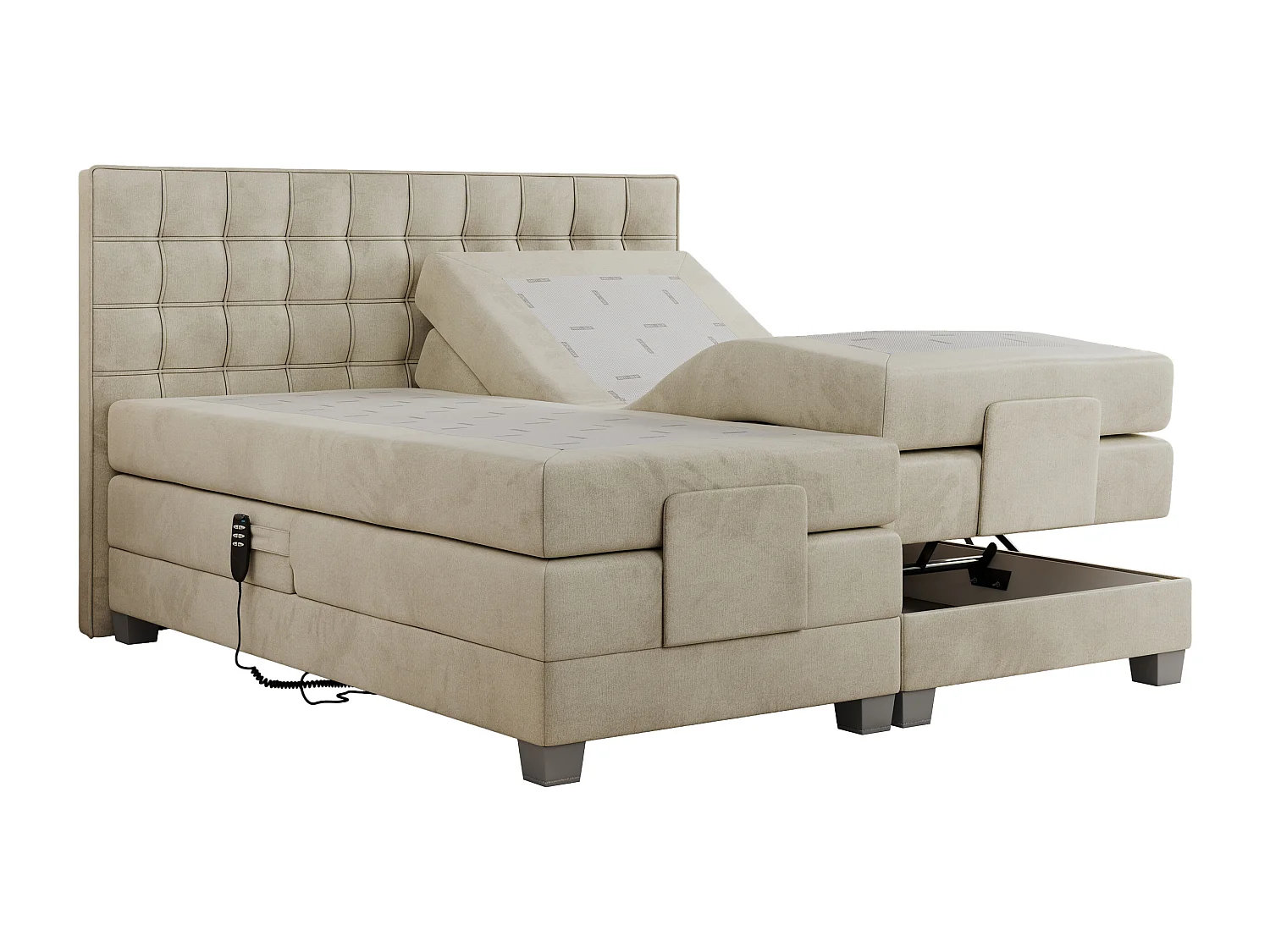 Boxspringbett ELEKTRO mit Multipocket-Matratze, Elektrisch verstellbare, genähtes Kopfteil - 160x200 cm - H4 - Beige Velvet