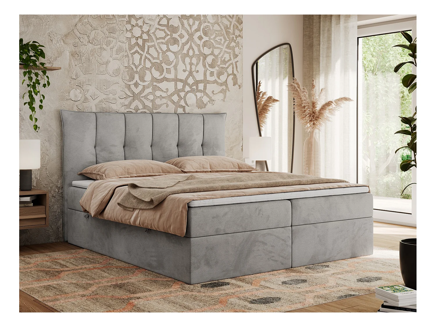 Boxspringbett PREMIUM 10 mit Multipocket-Matratze, gesteppte Kopfstütze, zwei Bettkästen - 180x200 cm - H4 - Hellgrau Velvet