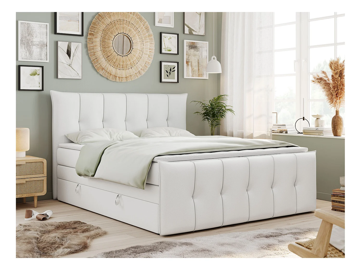 Boxspringbett PREMIUM 11 KING mit Stauraum, gestepptes Kopfteil, zwei Multipocket-Matratzen - 120x200 cm - H3 - Weiß Kunstleder