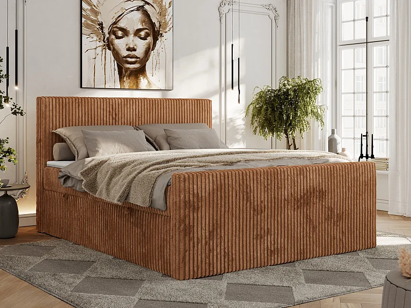 Boxspringbett TILIANO DUO mit gepolstertem Fußteil, Cord Bett, Multipocket-Matratze - 140x200 cm - H4 - Orange Cord