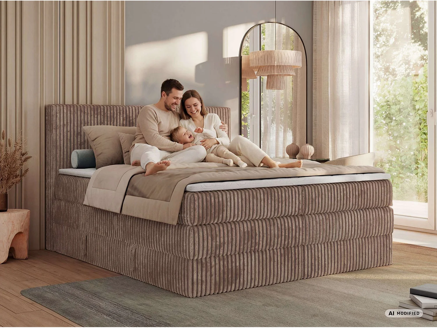 Boxspringbed met hoofdbord H4 + Topper T25 - Lichtbruin Ribstof - 180x200 - TILIANO KING