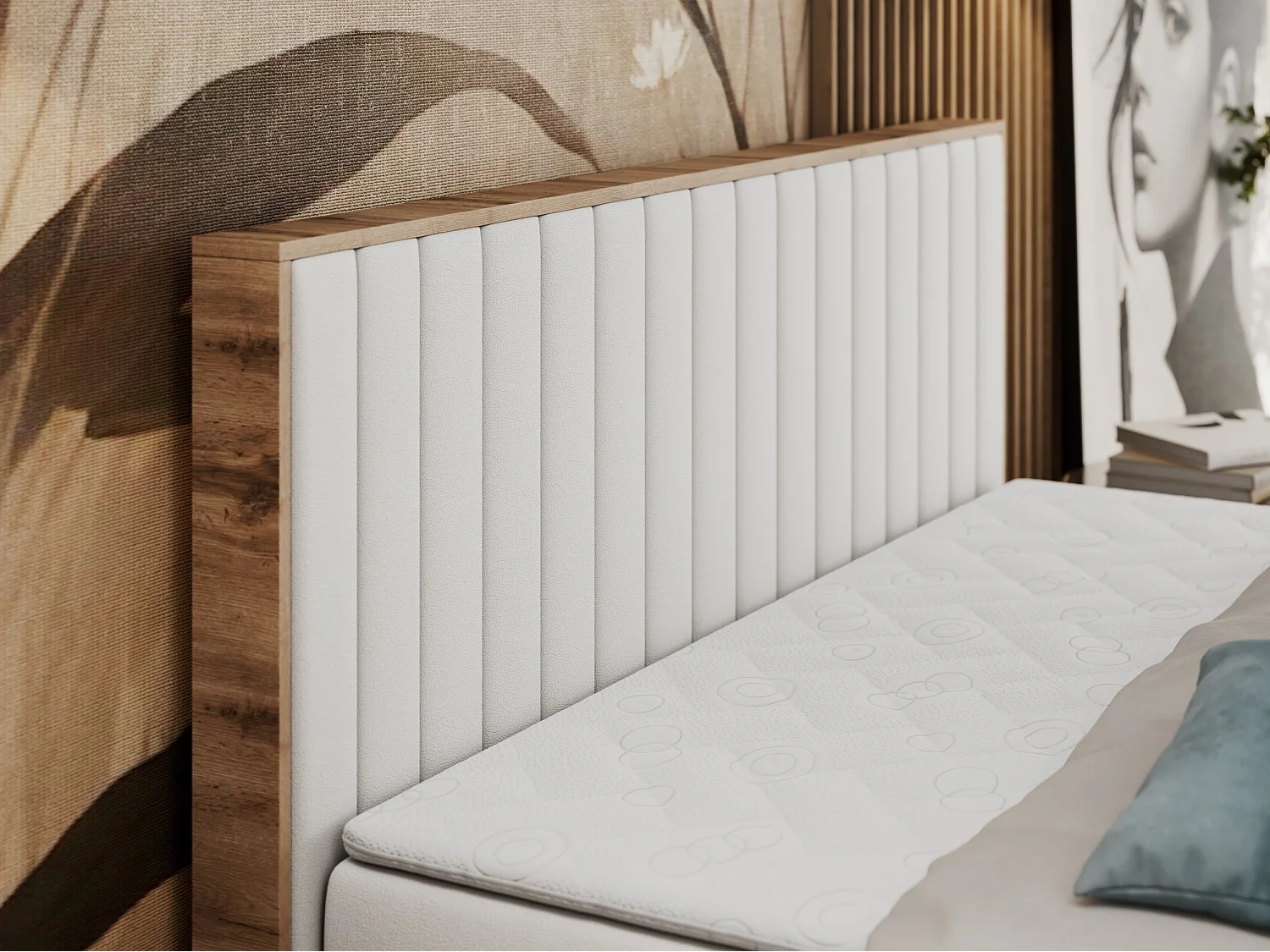 Boxspringbett ALBERO 4, Eiche Wotan Holzrahmen, mit Stauraum, genähtes Kopfteil - 160x200 cm - H3 - Weiß Kunstleder