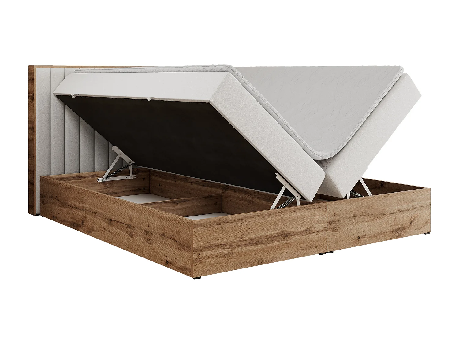 Boxspringbett ALBERO 4, Eiche Wotan Holzrahmen, mit Stauraum, genähtes Kopfteil - 160x200 cm - H3 - Weiß Kunstleder