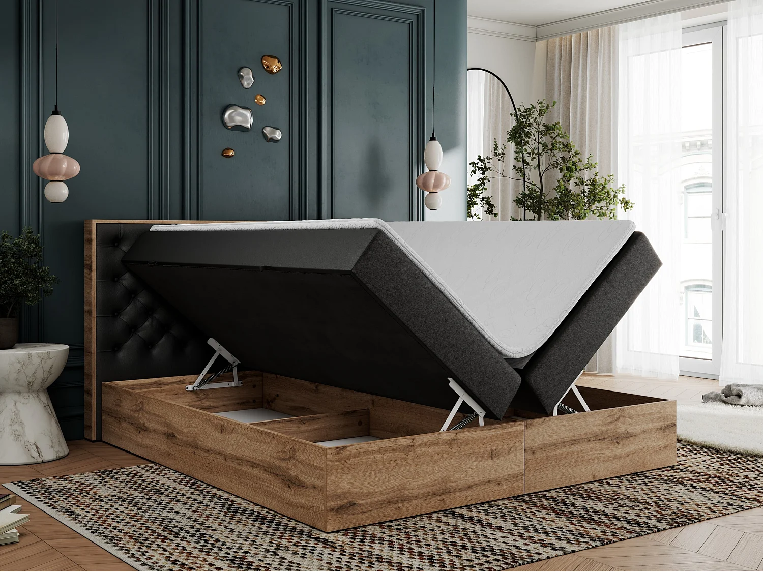 Boxspringbett ALBERO 3 - gesteppte Kopfstütze, Eiche Wotan Holzrahmen, Stauraum - 200x200 cm - H3 - Schwarz Kunstleder