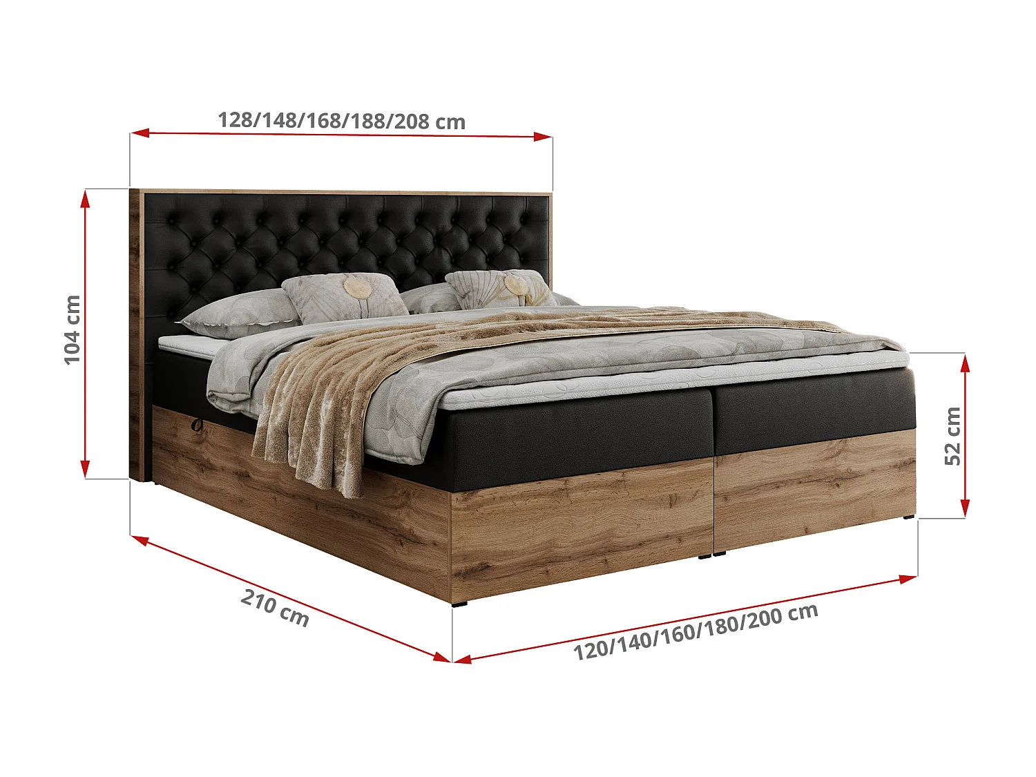 Boxspringbett ALBERO 3 - gesteppte Kopfstütze, Eiche Wotan Holzrahmen, Stauraum - 200x200 cm - H3 - Schwarz Kunstleder