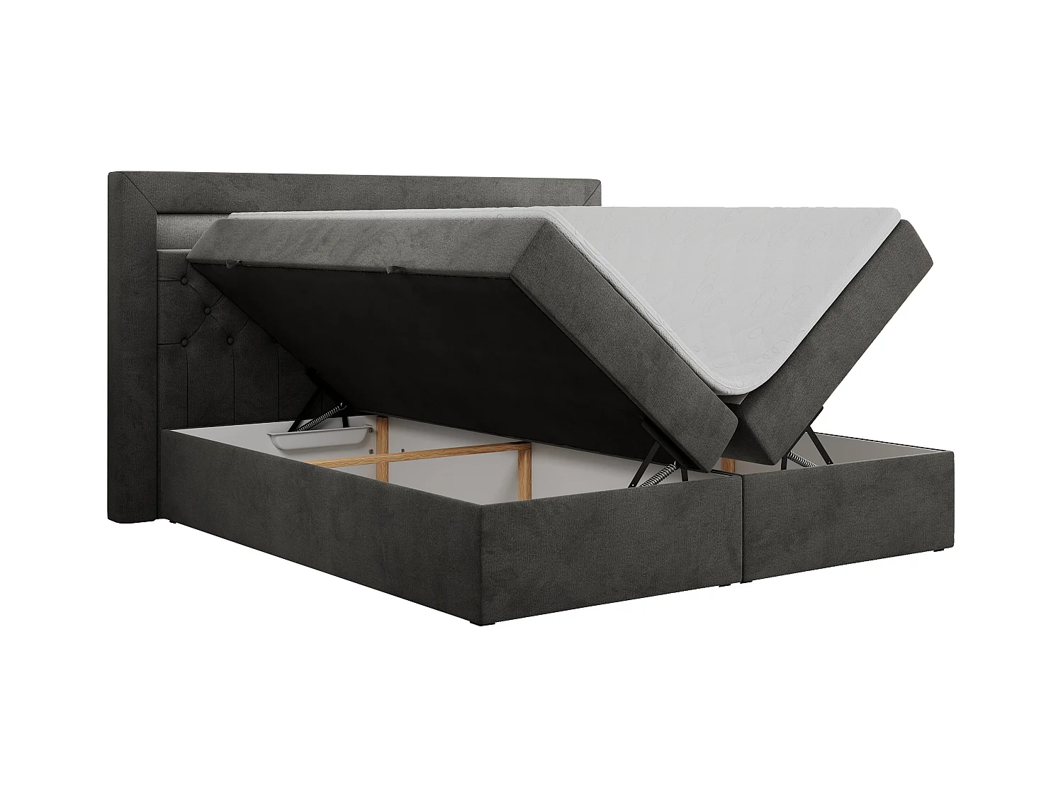 Boxspringbett GOLD 6, Doppelbett mit Stauraum, LED-Beleuchtung, gesteppte Kopfstütze - 140x200 cm - H4 - Dunkelgrau Velvet