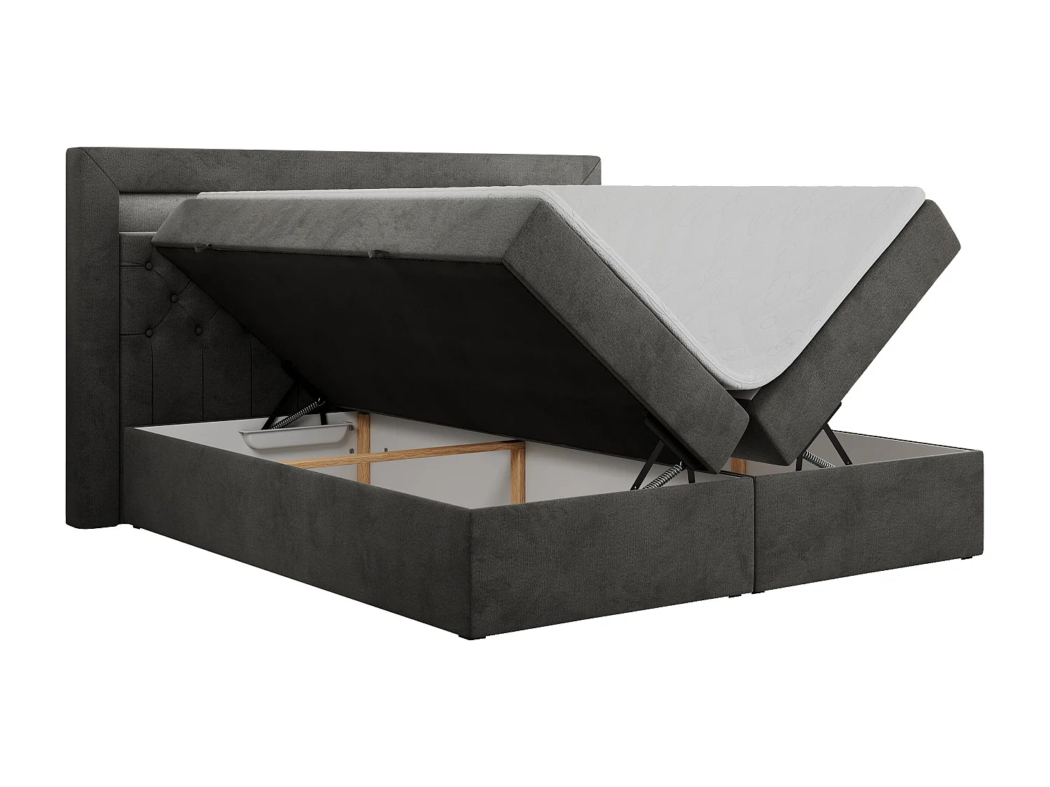 Boxspringbett GOLD 6, Doppelbett mit Stauraum, LED-Beleuchtung, gesteppte Kopfstütze - 140x200 cm - H4 - Dunkelgrau Velvet