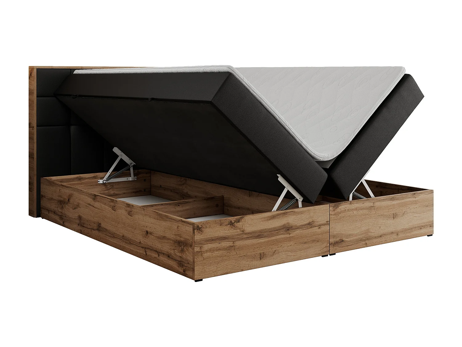 Boxspringbett ALBERO 1, Polsterbett mit gestepptem Kopfteil, Multipocket-Matratze - 140x200 cm - H4 - Schwarz Kunstleder