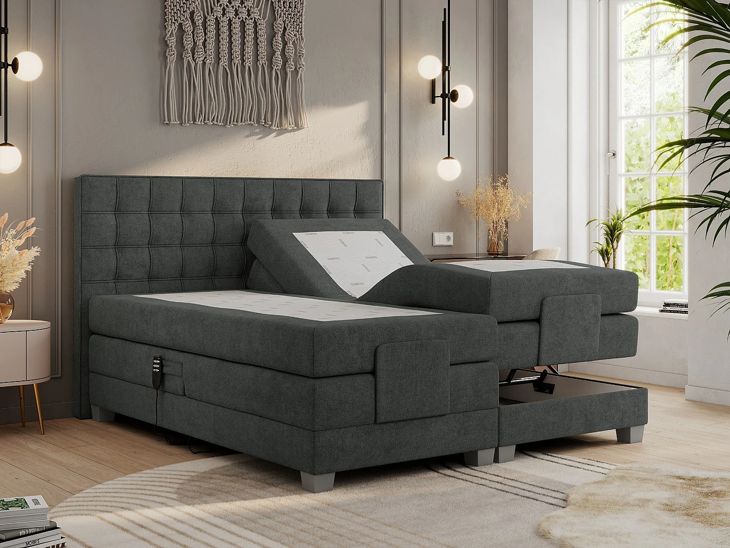 Boxspringbett ELEKTRO mit Multipocket-Matratze, Elektrisch verstellbare, genähtes Kopfteil - 180x200 cm - H4 - Dunkelgrau Strukture