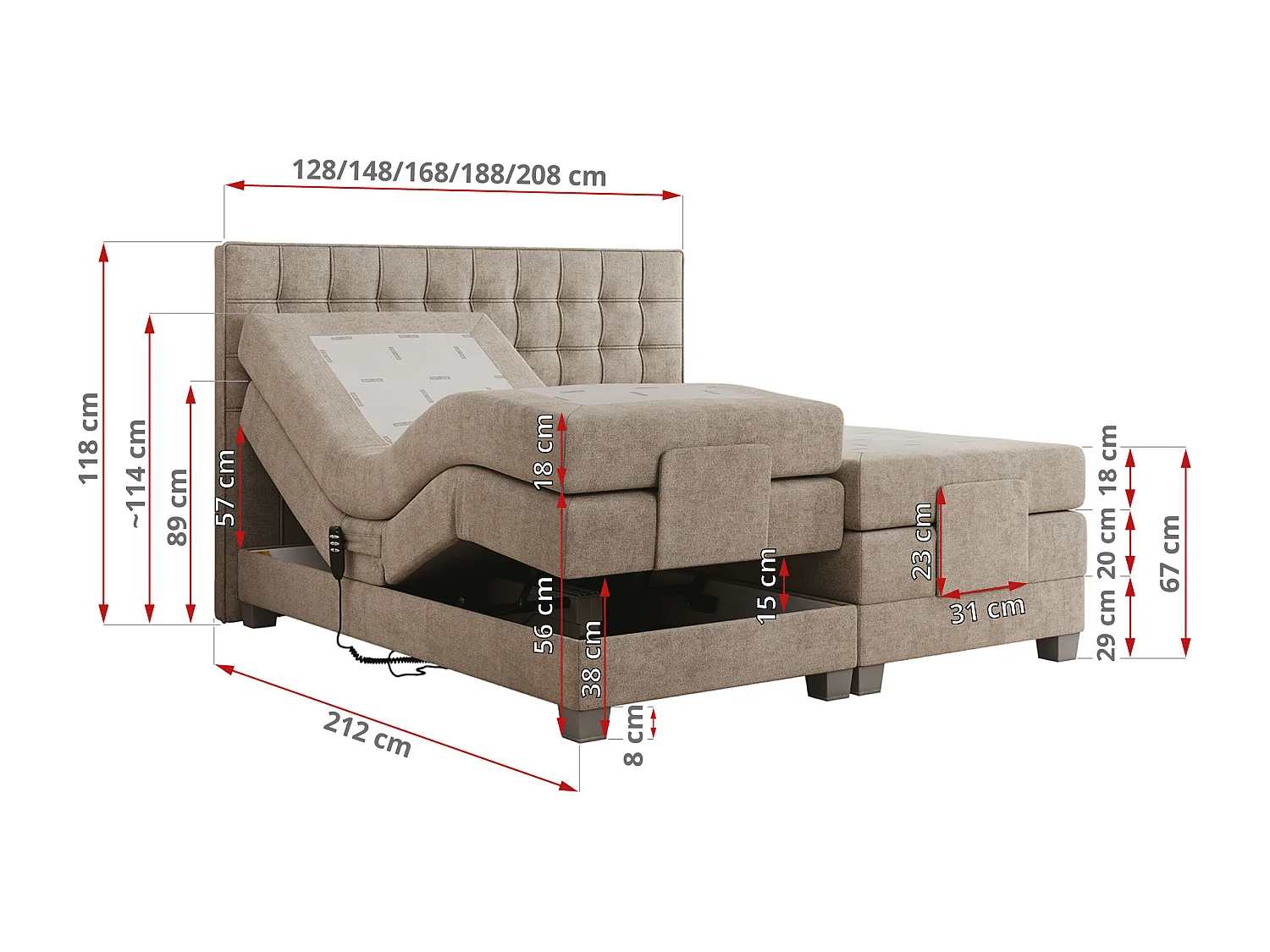 Boxspringbett ELEKTRO mit Multipocket-Matratze, Elektrisch verstellbare, genähtes Kopfteil - 180x200 cm - H4 - Dunkelgrau Strukture