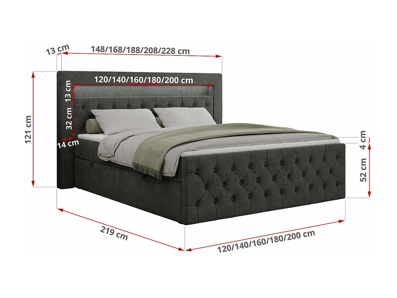 Boxspringbett GOLD 9 mit Stauraum, Multipocket-Matratze, gestepptes Bett, LED Beleuchtung - 200x200 cm - H4 - Dunkelgrau Strukture