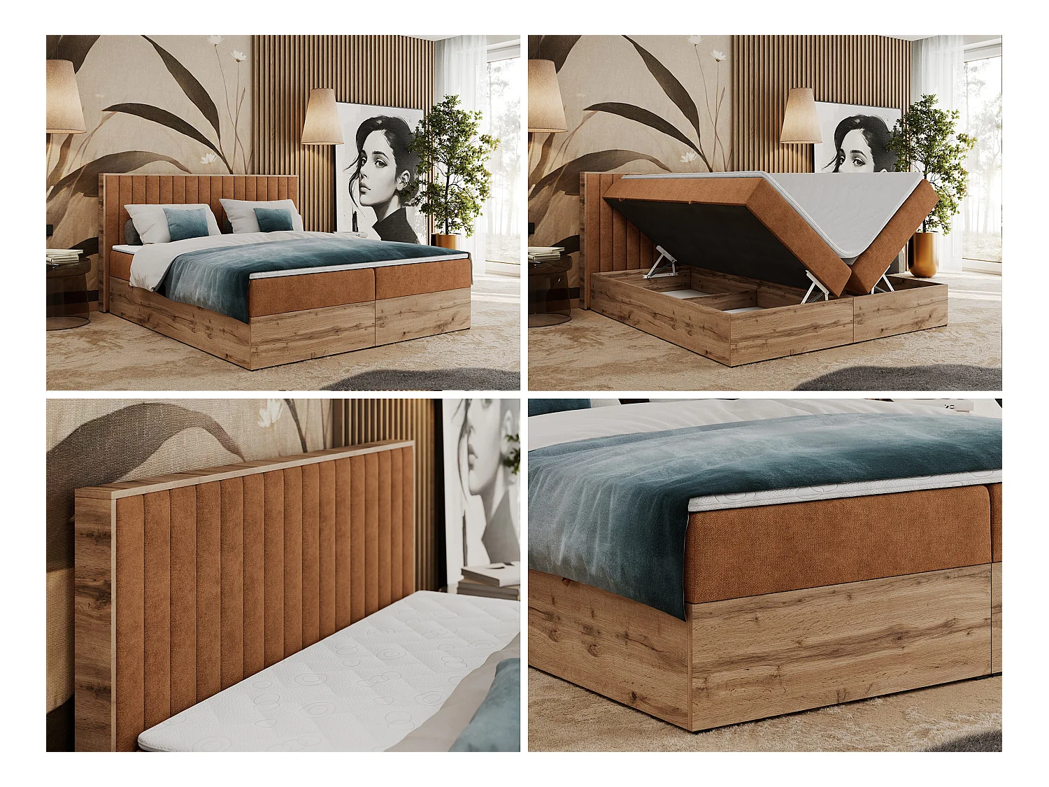 Boxspringbett ALBERO 4, Eiche Wotan Holzrahmen, mit Stauraum, genähtes Kopfteil - 200x200 cm - H4 - Orange Strukture