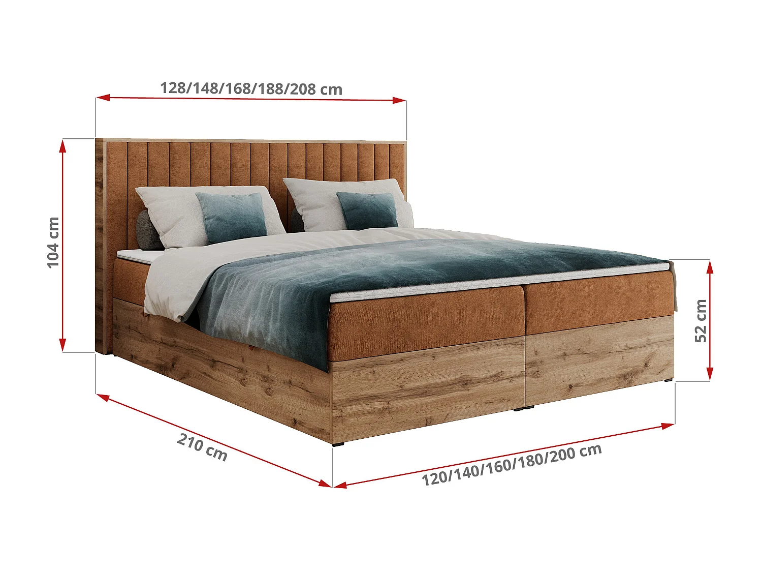 Boxspringbett ALBERO 4, Eiche Wotan Holzrahmen, mit Stauraum, genähtes Kopfteil - 200x200 cm - H4 - Orange Strukture
