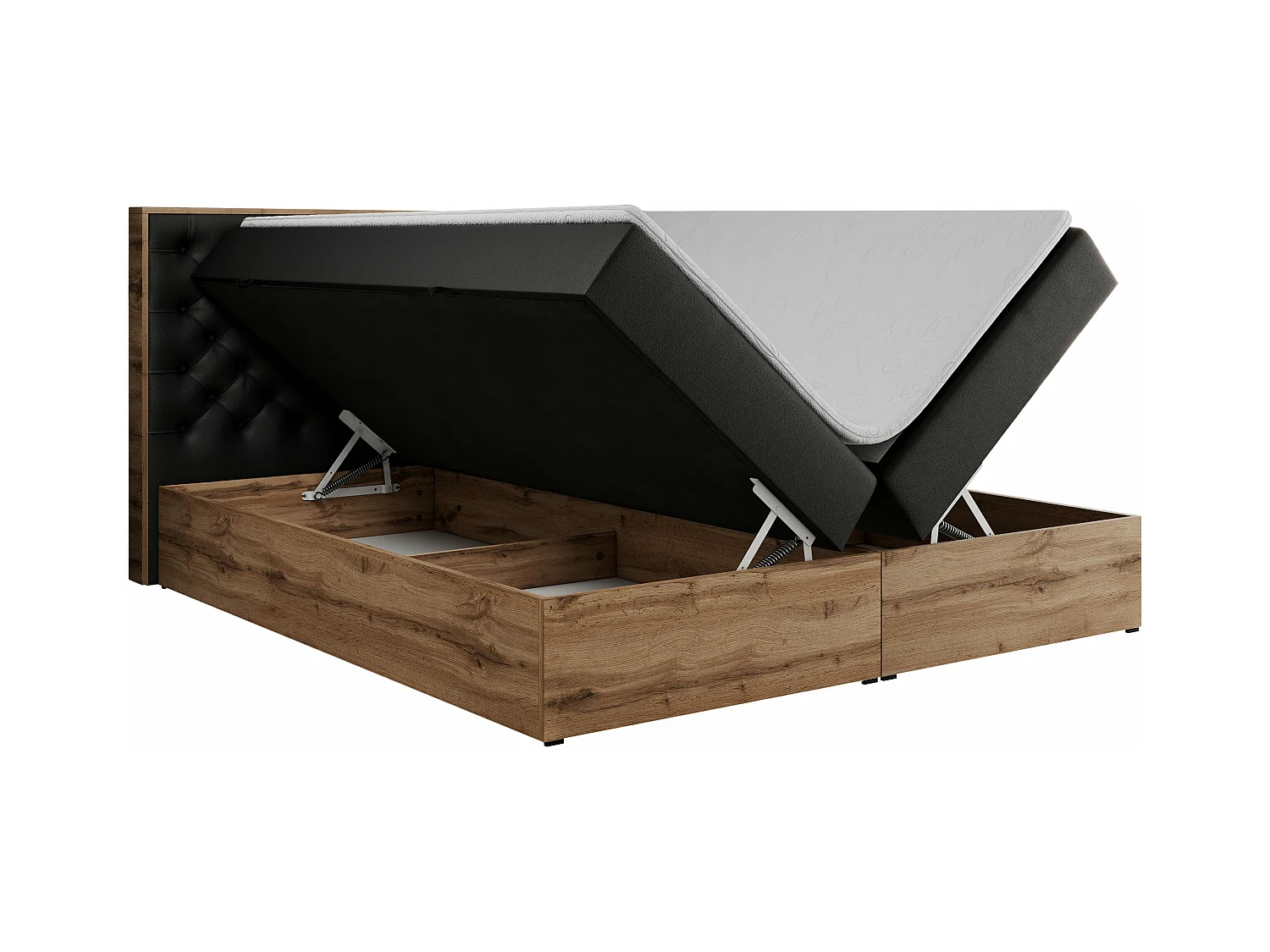 Boxspringbett ALBERO 3 - gesteppte Kopfstütze, Eiche Wotan Holzrahmen, Stauraum - 160x200 cm - H4 - Schwarz Kunstleder