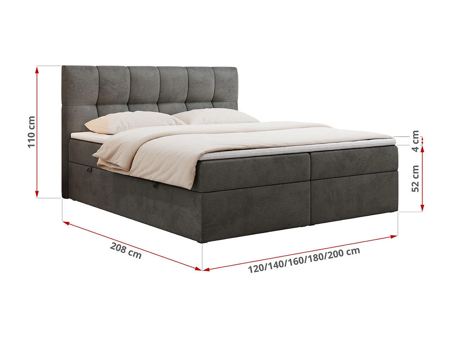 Boxspringbett RICO, Doppelbett mit Matratze, zwei Bettkästen, Bett mit Kopfteil - 180x200 cm - H3 - Dunkelgrau Velvet