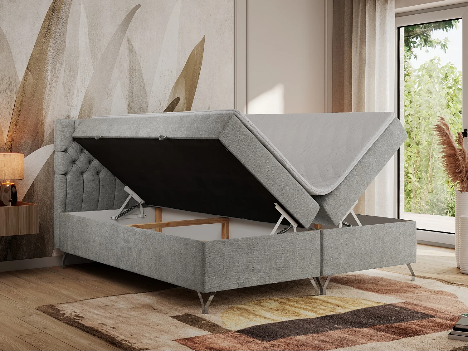 Boxspringbett GRIMALDI mit zwei Bettkästen, gesteppter Kopfstütze, Metallfüßen - 200x200 cm - H3 - Hellgrau Strukture