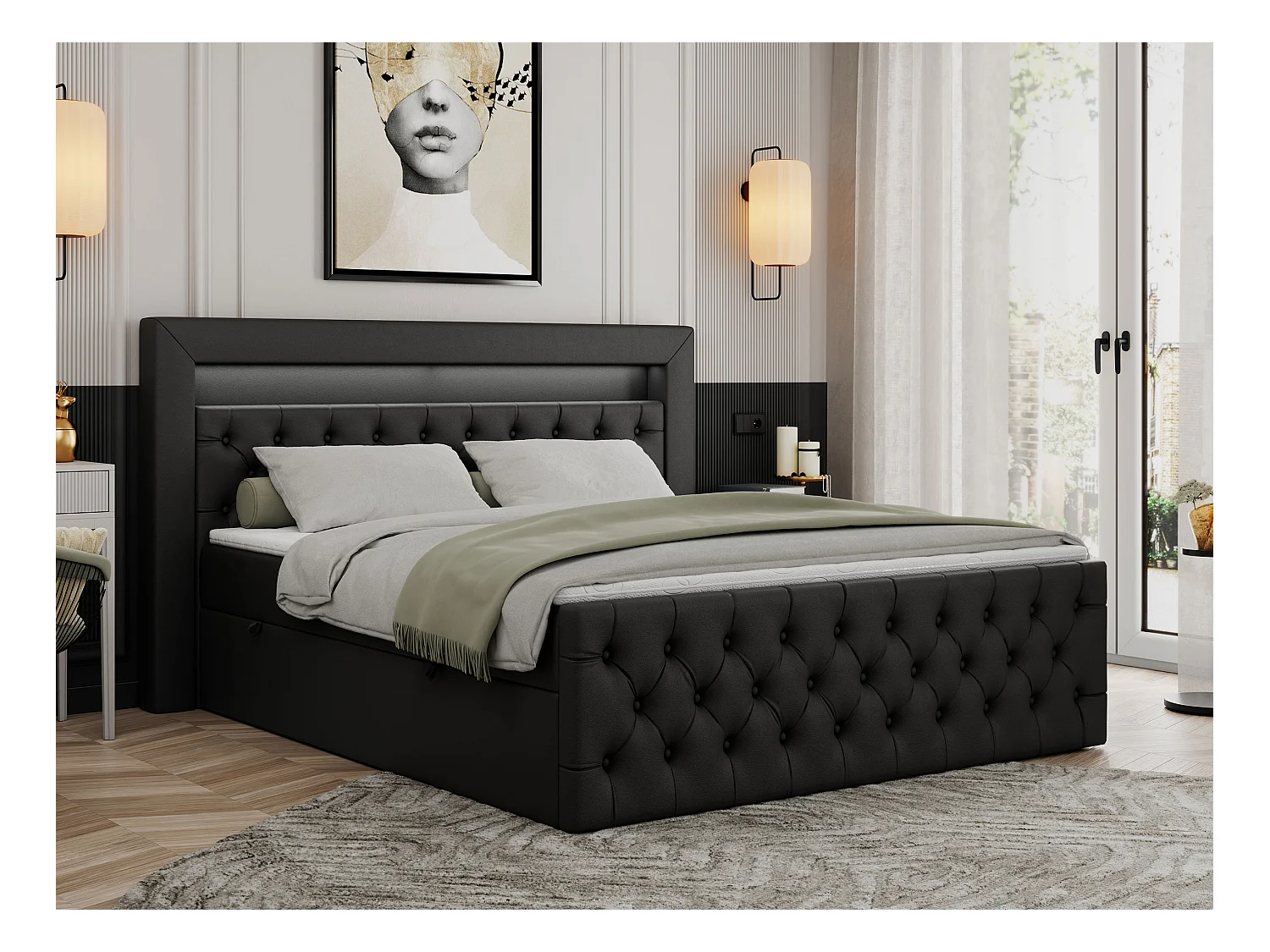 Boxspringbett GOLD 9 mit Stauraum, Multipocket-Matratze, gestepptes Bett, LED Beleuchtung - 160x200 cm - H3 - Schwarz Kunstleder