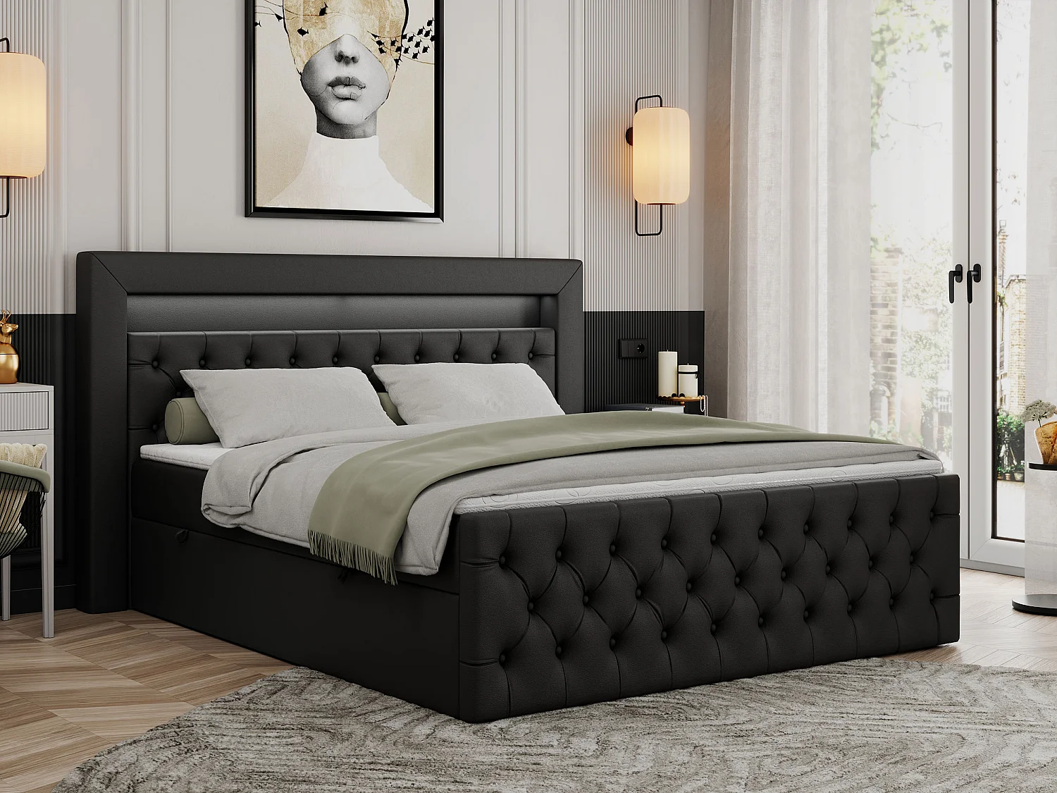 Boxspringbett GOLD 9 mit Stauraum, Multipocket-Matratze, gestepptes Bett, LED Beleuchtung - 160x200 cm - H3 - Schwarz Kunstleder