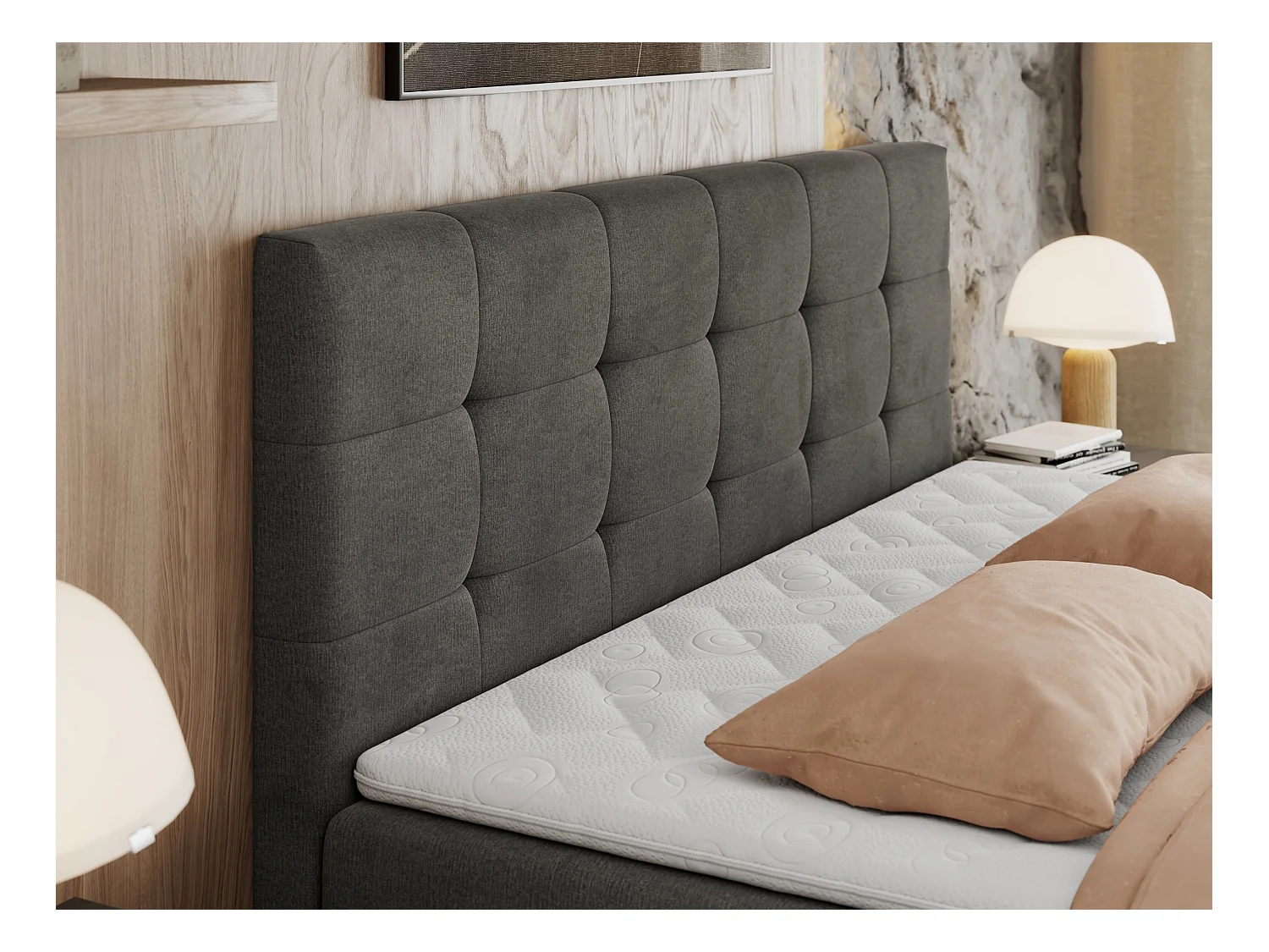 Boxspringbett CENTOS mit gestepptem Kopfteil, Multipocket-Matratze, Doppelbett mit Stauraum - 160x200 cm - H4 - Grau Velvet