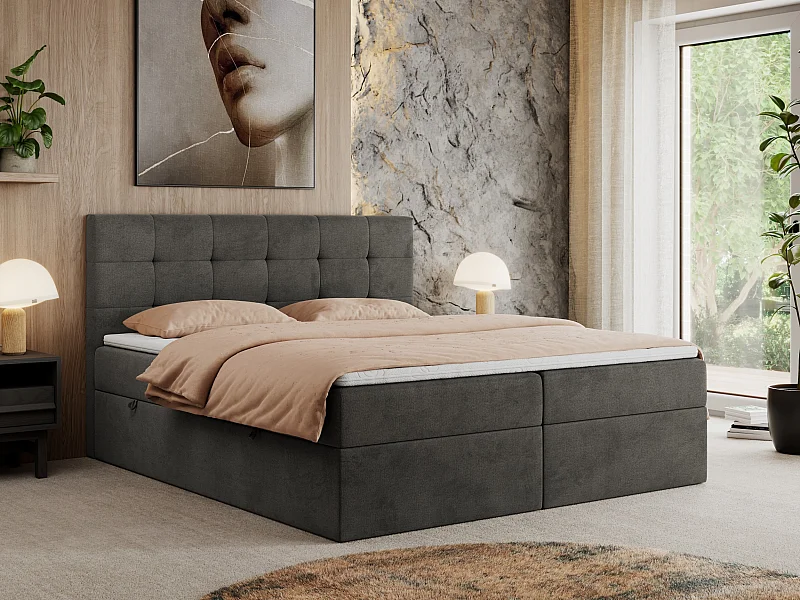 Boxspringbett CENTOS mit gestepptem Kopfteil, Multipocket-Matratze, Doppelbett mit Stauraum - 160x200 cm - H4 - Grau Velvet