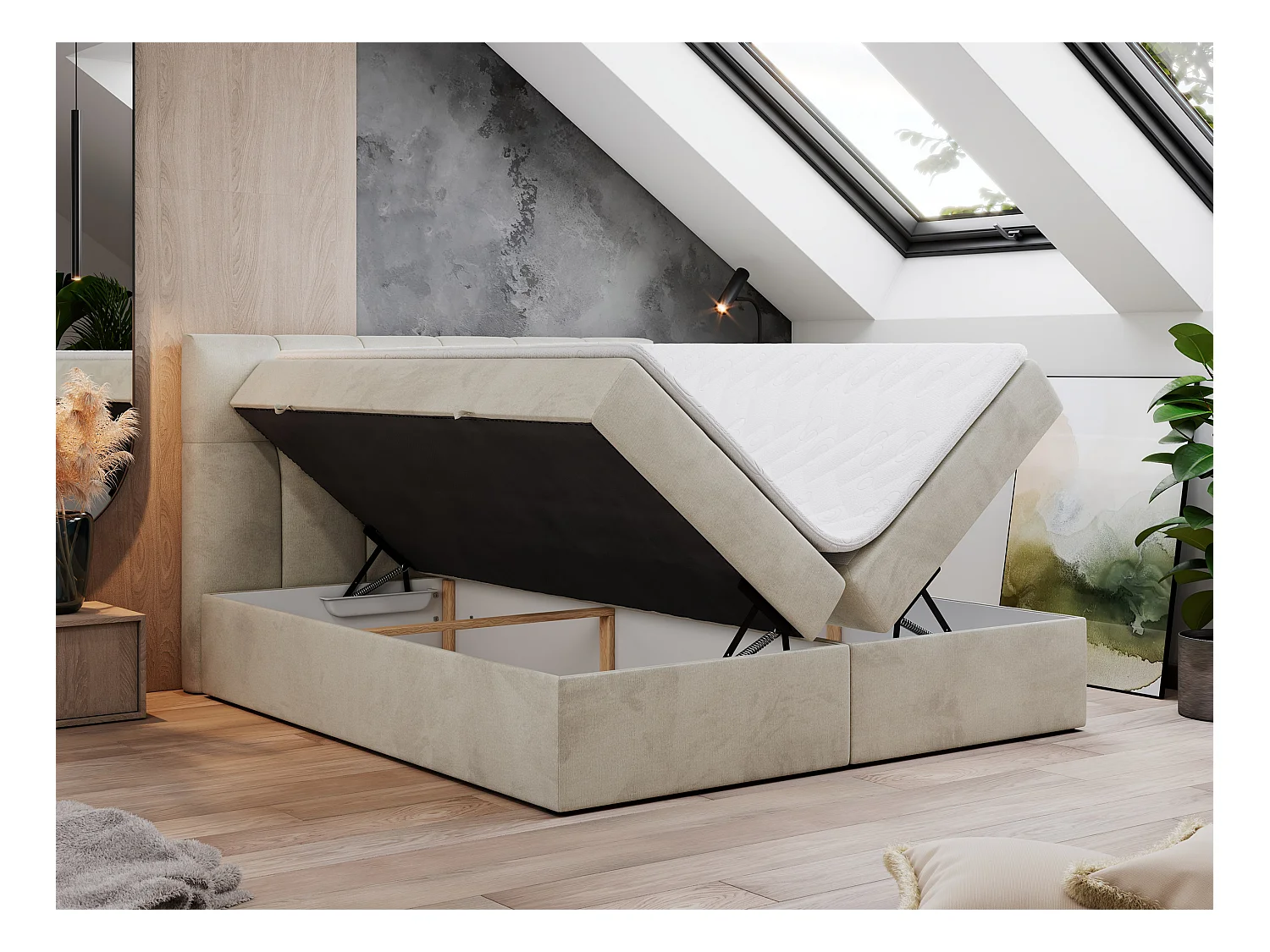 Boxspringbett RICO, Doppelbett mit Matratze, zwei Bettkästen, Bett mit Kopfteil - 140x200 cm - H3 - Beige Velvet