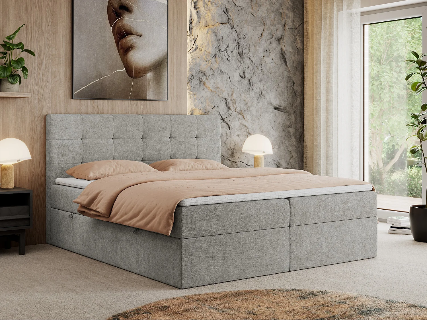 Boxspringbett CENTOS mit gestepptem Kopfteil, Multipocket-Matratze, Doppelbett mit Stauraum - 200x200 cm - H4 - Hellgrau Struktur