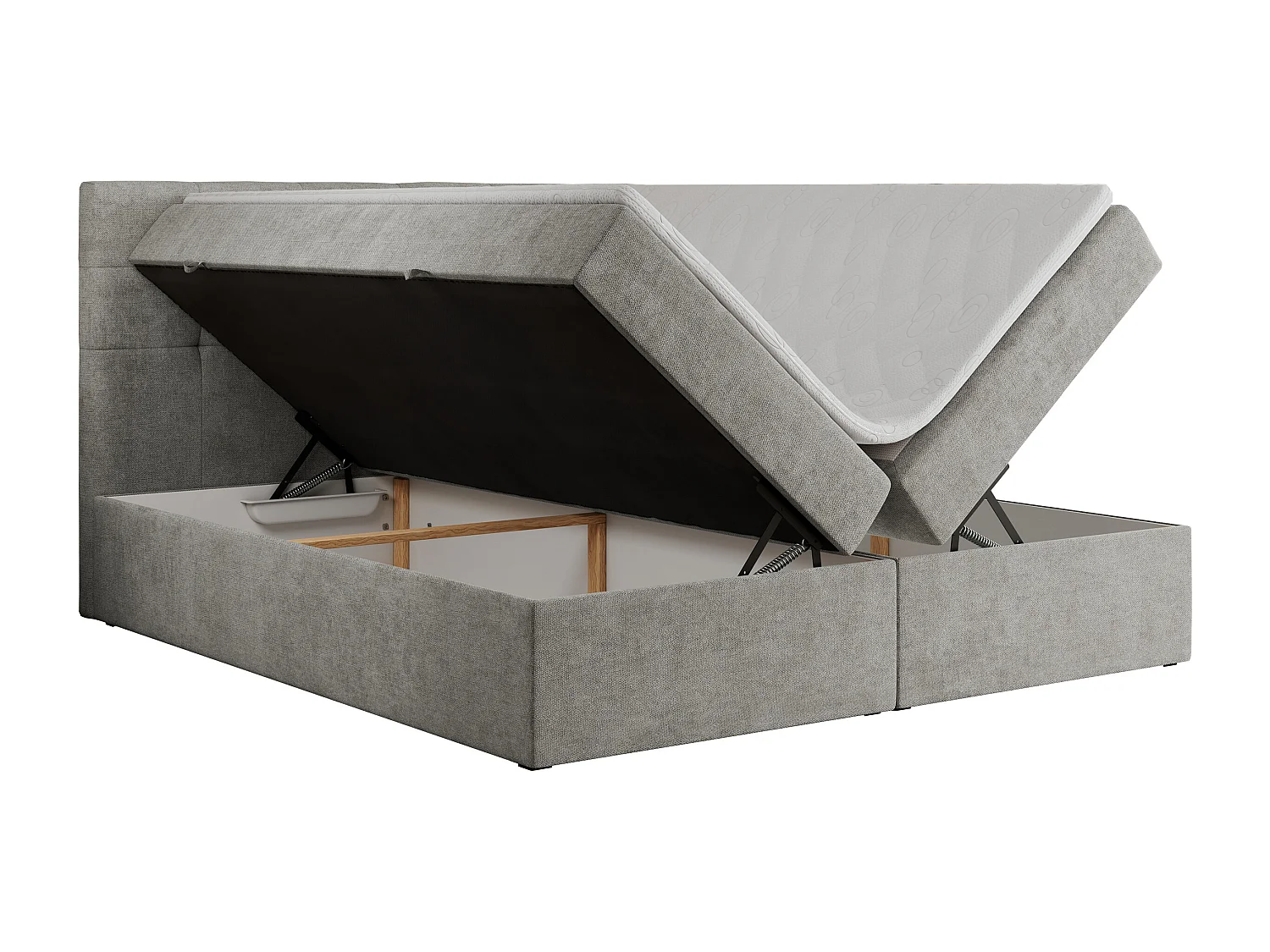 Boxspringbett CENTOS mit gestepptem Kopfteil, Multipocket-Matratze, Doppelbett mit Stauraum - 200x200 cm - H4 - Hellgrau Struktur
