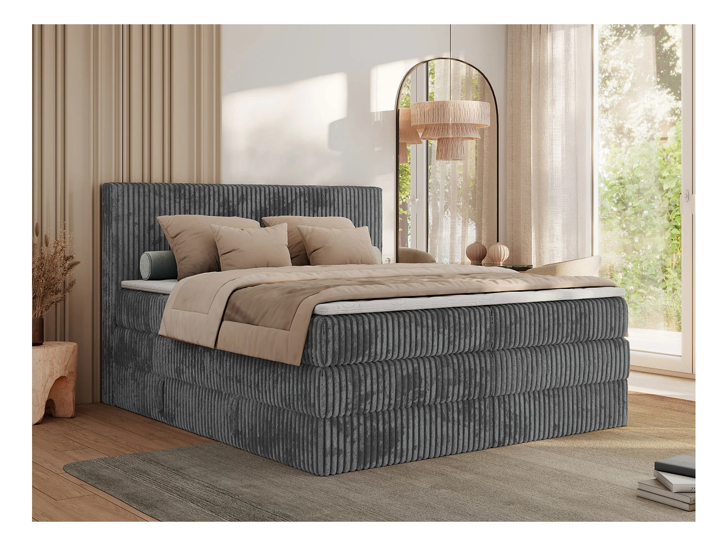 Boxspringbett TILIANO KING, Multipocket-Matratze, Cord Bett, Kopfteil und zwei Bettkästen - 140x200 cm - H4 - Grau Cord