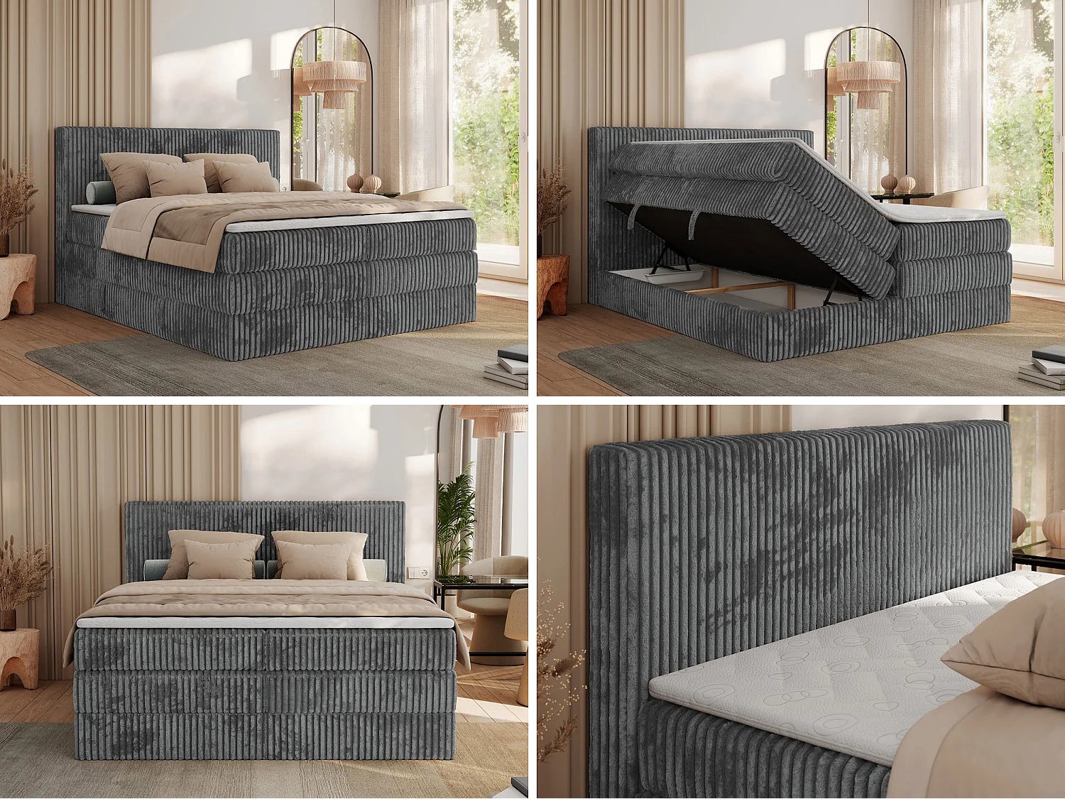 Boxspringbett TILIANO KING, Multipocket-Matratze, Cord Bett, Kopfteil und zwei Bettkästen - 140x200 cm - H4 - Grau Cord