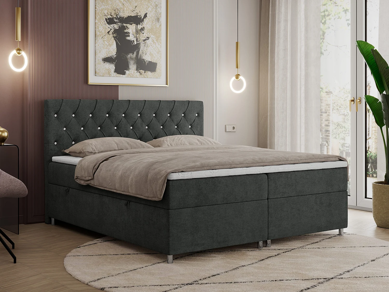 Boxspringbett ROMA mit gestepptem Kopfteil, Multipocket-Matratze, dekorative Füße - 120x200 cm - H4 - Hellgrau Strukture