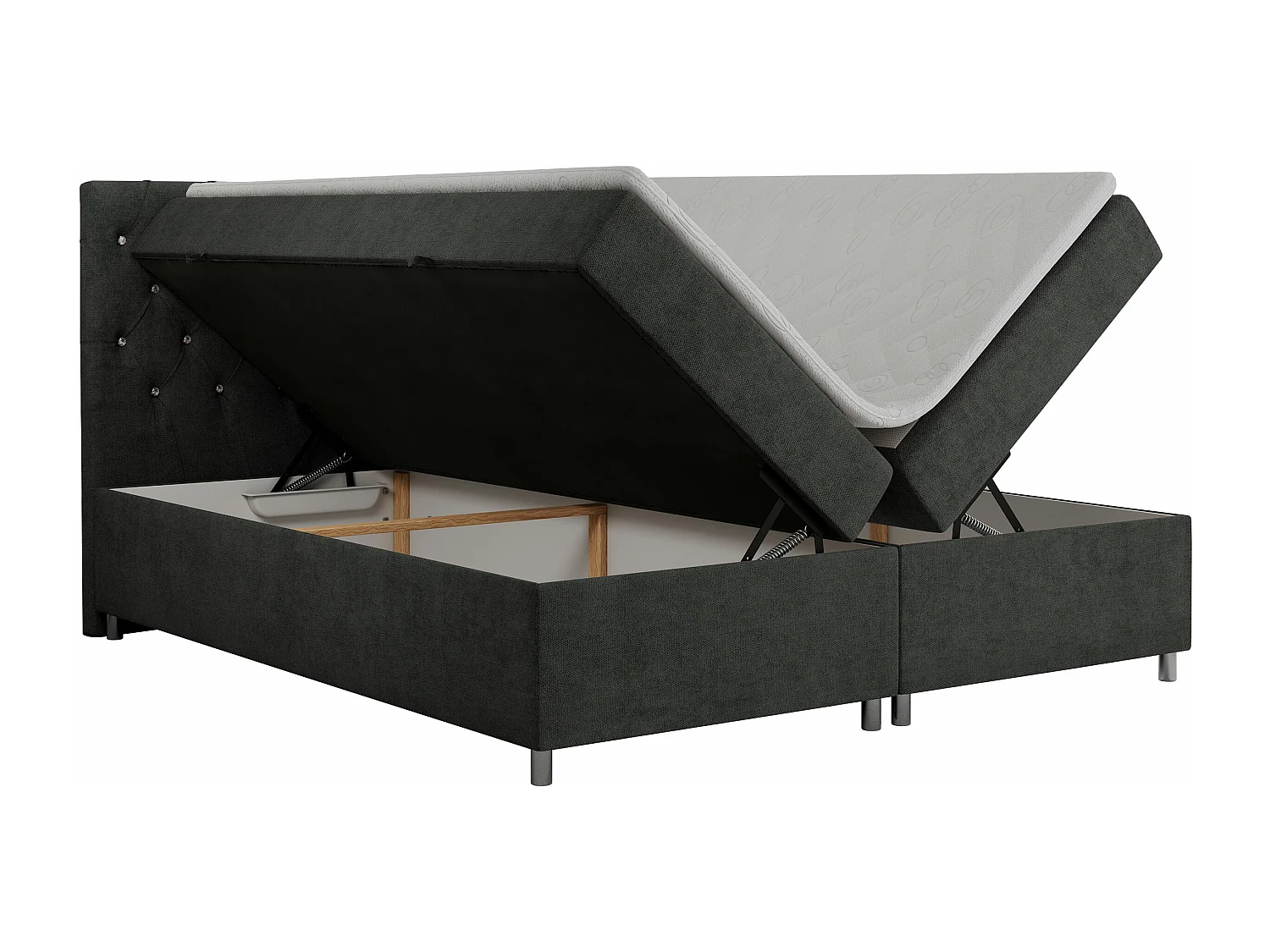 Boxspringbett ROMA mit gestepptem Kopfteil, Multipocket-Matratze, dekorative Füße - 120x200 cm - H4 - Hellgrau Strukture