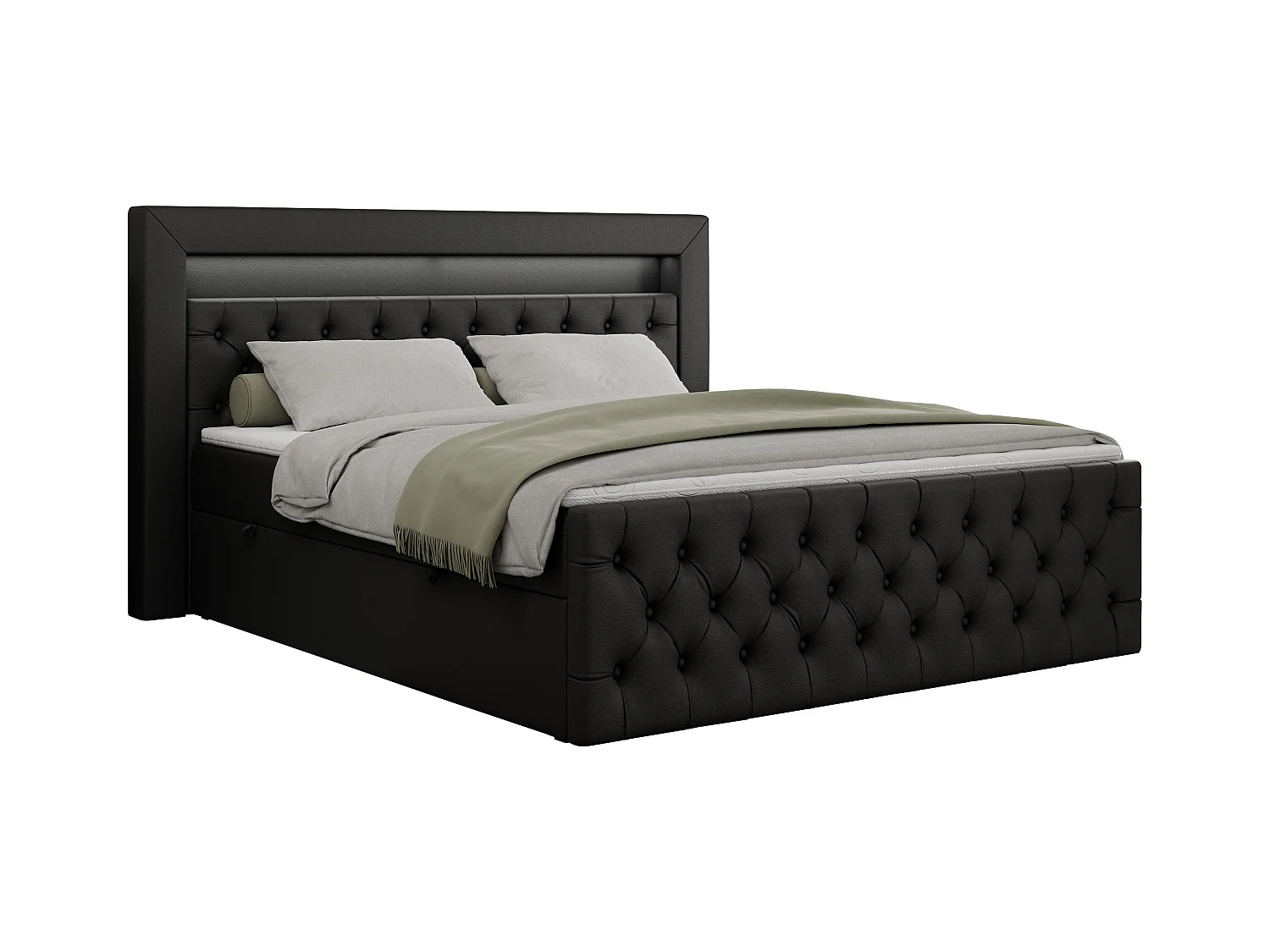 Boxspringbett GOLD 9 mit Stauraum, Multipocket-Matratze, gestepptes Bett, LED Beleuchtung - 180x200 cm - H3 - Schwarz Kunstleder