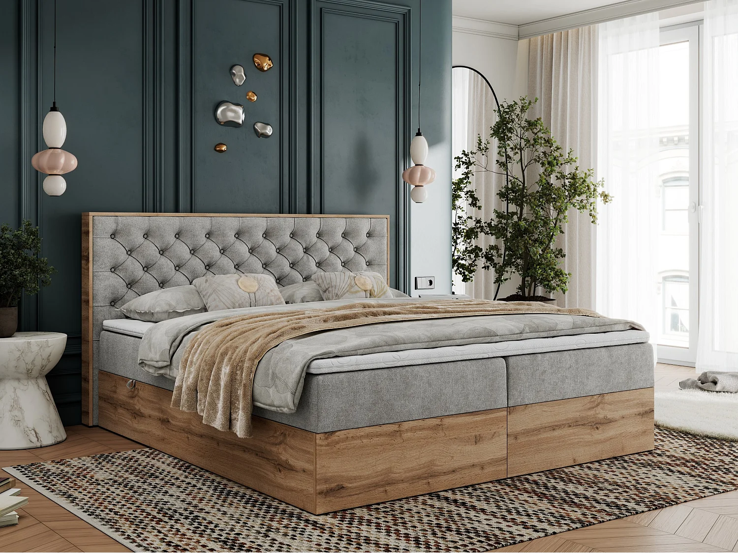 Boxspringbett ALBERO 3 - gesteppte Kopfstütze, Eiche Wotan Holzrahmen, Stauraum - 160x200 cm - H3 - Hellgrau Strukture