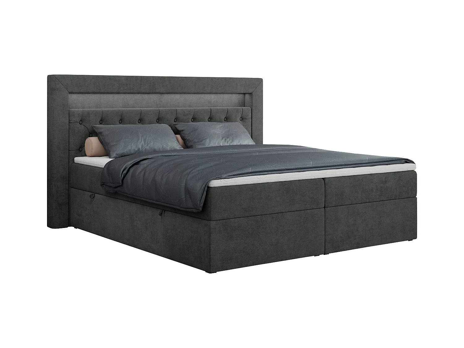 Boxspringbett GOLD 6, Doppelbett mit Stauraum, LED-Beleuchtung, gesteppte Kopfstütze - 140x200 cm - H4 - Dunkelgrau Strukture