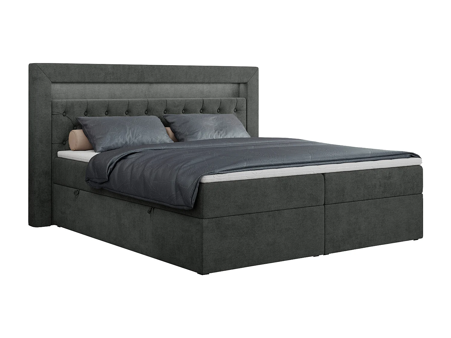 Boxspringbett GOLD 6, Doppelbett mit Stauraum, LED-Beleuchtung, gesteppte Kopfstütze - 140x200 cm - H4 - Dunkelgrau Strukture