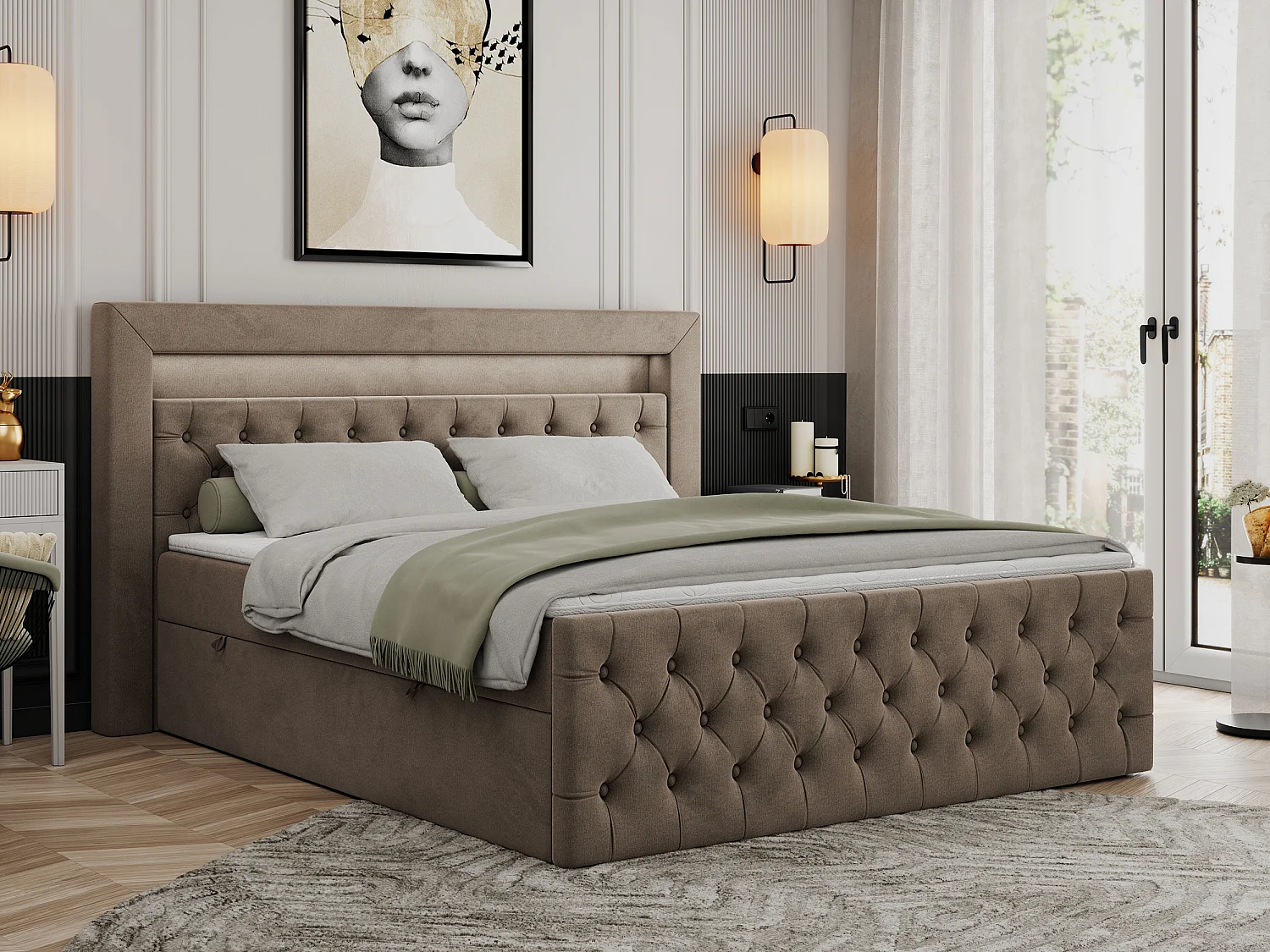 Boxspringbett GOLD 9 mit Stauraum, Multipocket-Matratze, gestepptes Bett, LED Beleuchtung - 180x200 cm - H4 - Braun Velvet