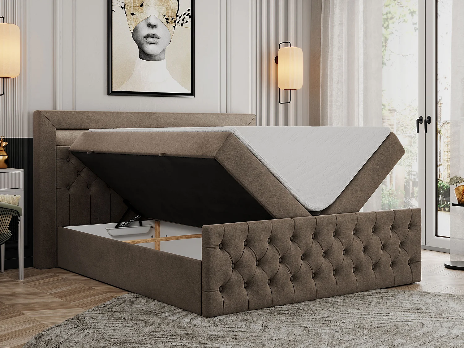 Boxspringbett GOLD 9 mit Stauraum, Multipocket-Matratze, gestepptes Bett, LED Beleuchtung - 180x200 cm - H4 - Braun Velvet