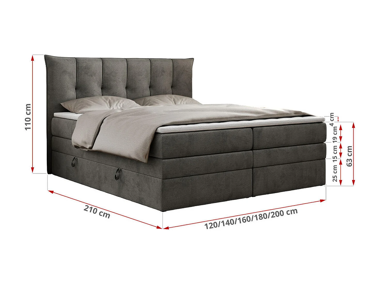 Boxspringbett PREMIUM 10 KING, Doppelbett mit Stauraum, gesteppte Kopfstütze, Multipocket-Matratze - 180x200 cm - H4 - Dunkelgrau Velvet