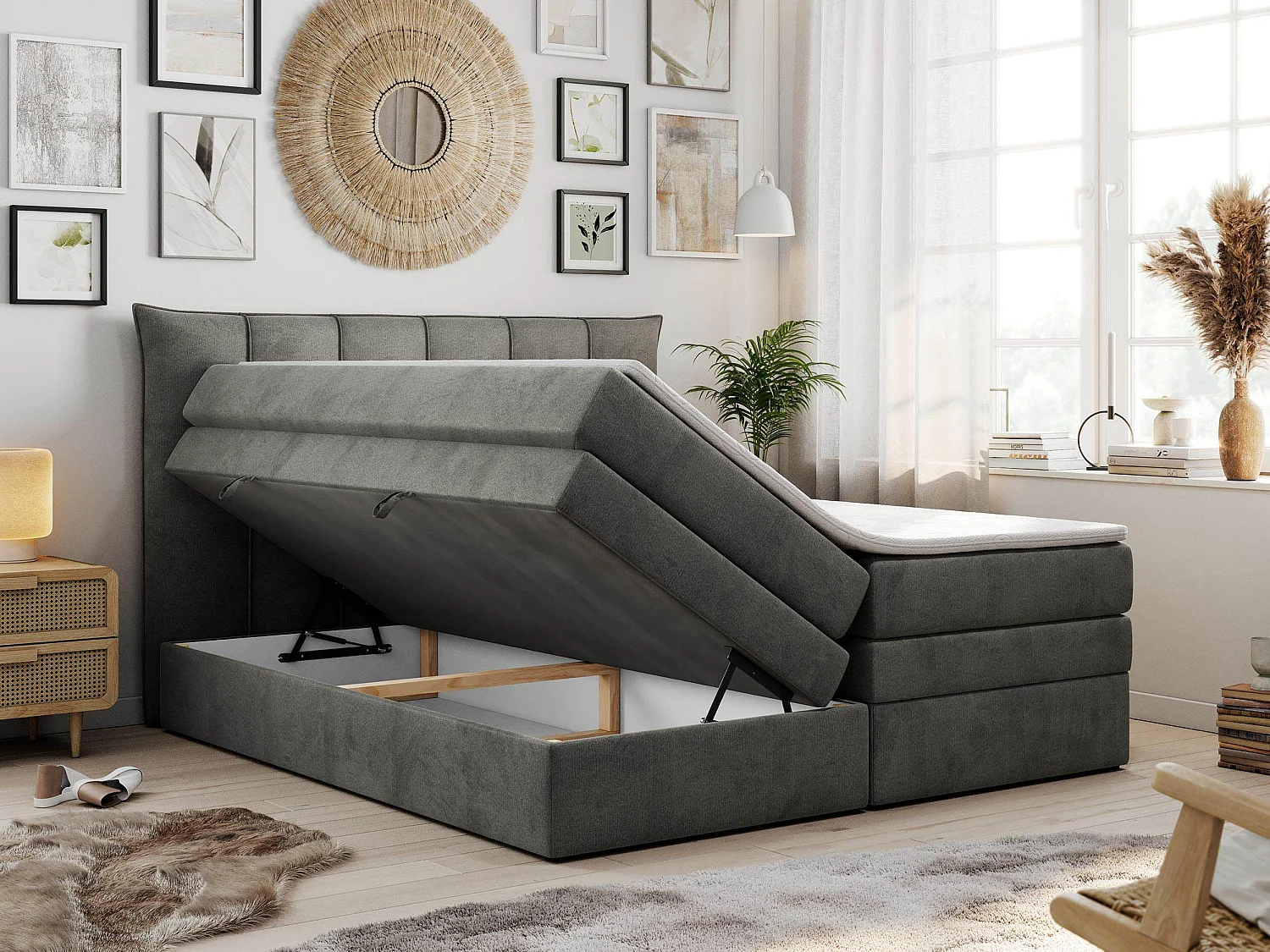 Lit boxspring avec 2 coffres - 2 matelas fermes + surmatelas mousse - Gris foncé Velours - 180x200 - PREMIUM 10 KING