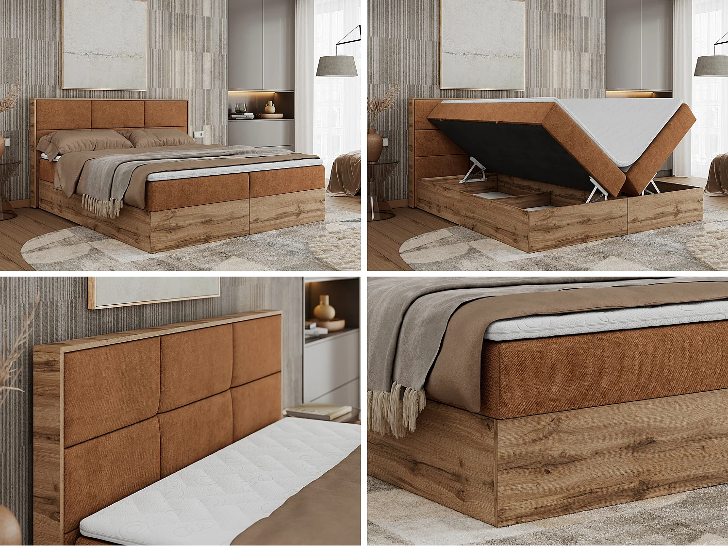 Boxspringbett ALBERO 2 mit Topper und Multipocket-Matratze, Stauraum, Holzrahmen - 180x200 cm - H4 - Orange Strukture