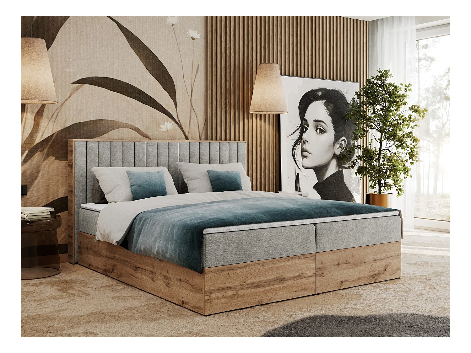 Boxspringbett ALBERO 4, Eiche Wotan Holzrahmen, mit Stauraum, genähtes Kopfteil - 160x200 cm - H4 - Hellgrau Strukture