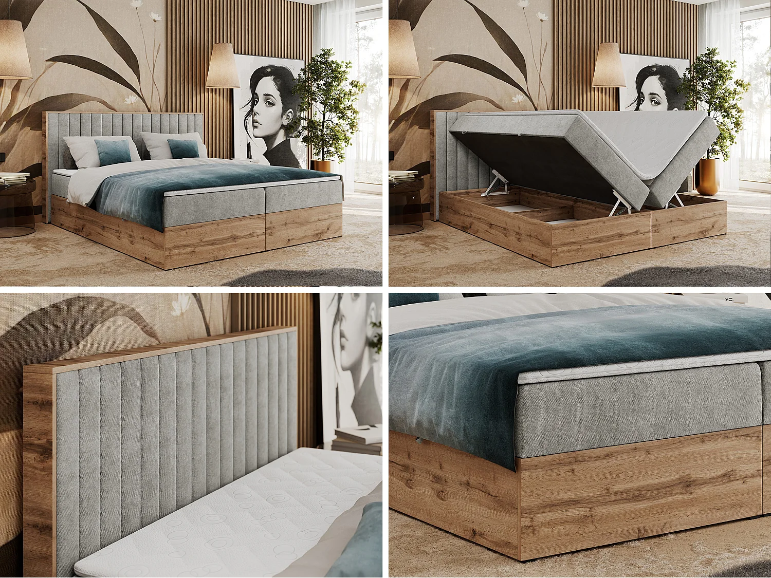 Boxspringbett ALBERO 4, Eiche Wotan Holzrahmen, mit Stauraum, genähtes Kopfteil - 160x200 cm - H4 - Hellgrau Strukture
